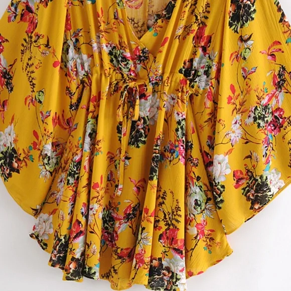 Bohemian Mustard Yellow Floral Print Batwing Festival Dress - Picture 5 of 9